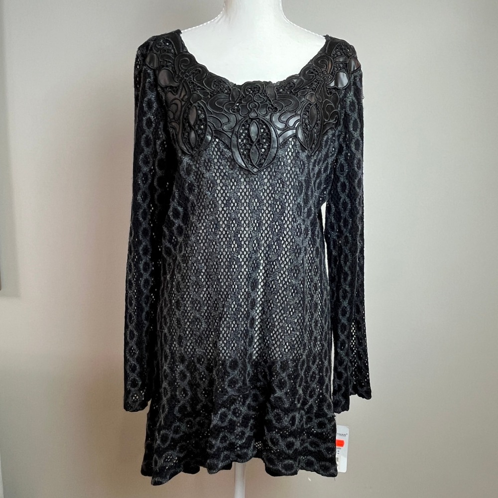 Frank Lyman Design Black Metallic Crochet High Low Tunic Faux Leather Trim 16